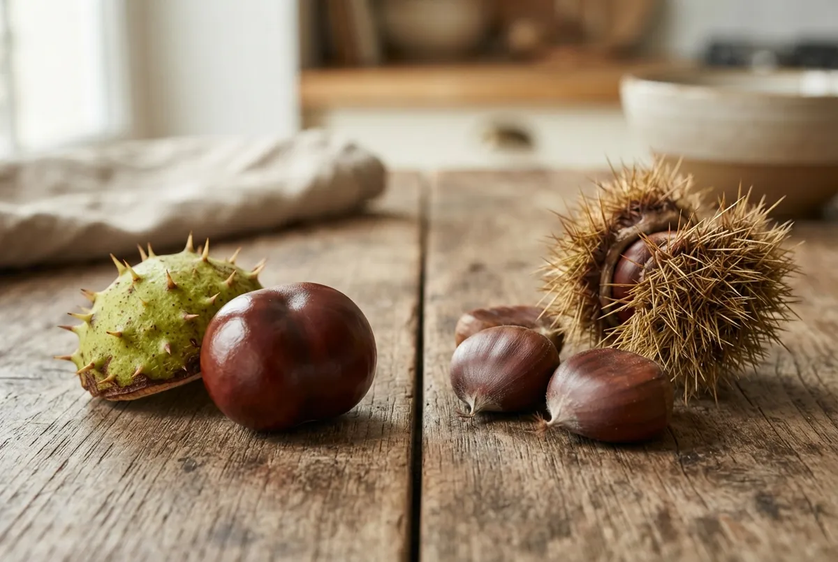 À gauche le marron d'Inde, rond et lisse, dans sa bogue à piquants courts et espacés. À droite les châtaignes, pointues et plates d'un côté, dans leur bogue à piquants longs et serrés.