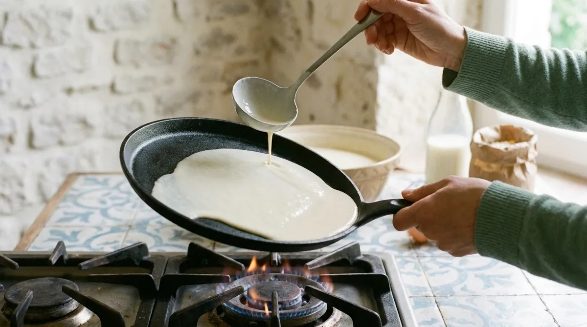 Poêle à crêpes inclinée au-dessus du feu : la pâte qui vient d'être versée file vers le bord pour couvrir le fond