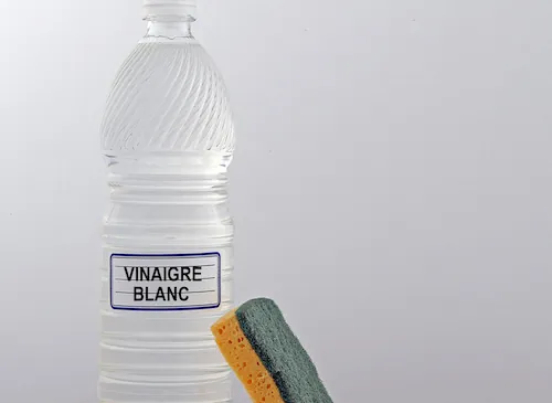 Bouteille de vinaigre blanc et éponge, nettoyage.